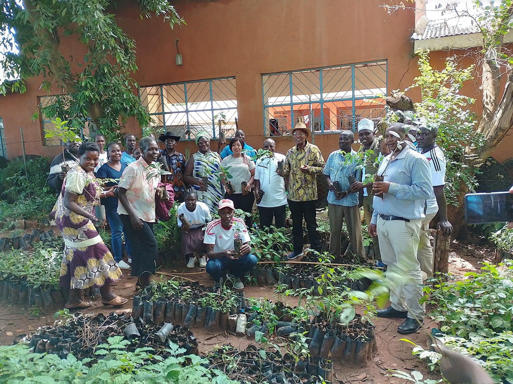 Community members gathered around a tree nursery with seedlings