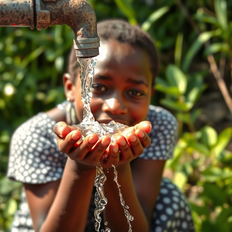 Girl cupping clean water from a tap — Kick for Water campaign